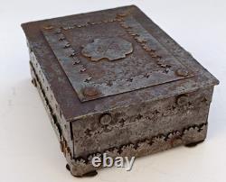 Wrought iron box, antique crest metal chest, heavy lock with key, gothic iron box