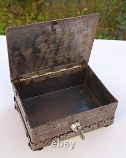 Wrought iron box, antique crest metal chest, heavy lock with key, gothic iron box