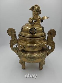 XXL Tripod incense burner in gilded bronze Foo Dog, China, vintage incense, Fo Dog