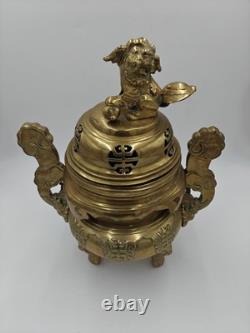 XXL Tripod incense burner in gilded bronze Foo Dog, China, vintage incense, Fo Dog