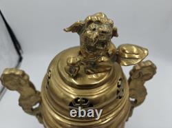 XXL Tripod incense burner in gilded bronze Foo Dog, China, vintage incense, Fo Dog