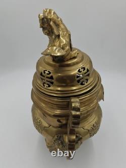 XXL Tripod incense burner in gilded bronze Foo Dog, China, vintage incense, Fo Dog