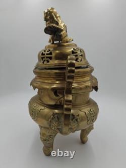 XXL Tripod incense burner in gilded bronze Foo Dog, China, vintage incense, Fo Dog