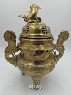 XXL Tripod incense burner in gilded bronze Foo Dog, China, vintage incense, Fo Dog