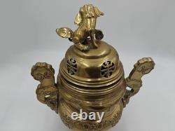 XXL Tripod incense burner in gilded bronze Foo Dog, China, vintage incense, Fo Dog