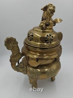 XXL Tripod incense burner in gilded bronze Foo Dog, China, vintage incense, Fo Dog