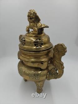 XXL Tripod incense burner in gilded bronze Foo Dog, China, vintage incense, Fo Dog