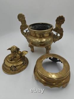 XXL Tripod incense burner in gilded bronze Foo Dog, China, vintage incense, Fo Dog