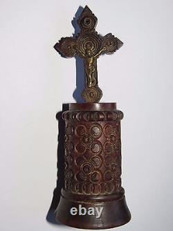 03D43 ANCIEN AUTEL PORTE CHAPELET ST WALFROY EN BOIS SCULPTE ART POPULAIRE XIXe