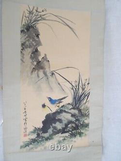 162 estampe Japonaise oiseaux concours de chant rouleau Peinture sur papier19è