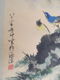 162 estampe Japonaise oiseaux concours de chant rouleau Peinture sur papier19è