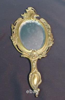 1850 très joli miroir de toilette face à main bronze rocaille 29cm450g chic ++