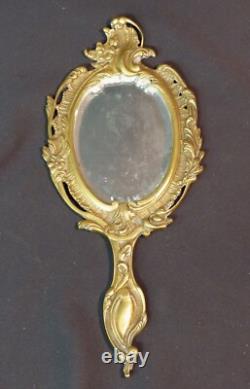 1850 très joli miroir de toilette face à main bronze rocaille 29cm450g chic ++