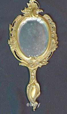 1850 très joli miroir de toilette face à main bronze rocaille 29cm450g chic ++