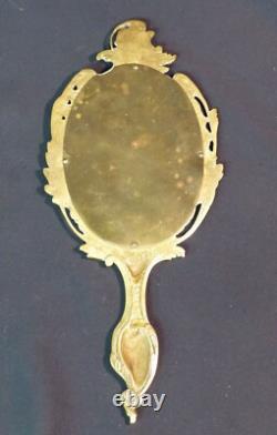 1850 très joli miroir de toilette face à main bronze rocaille 29cm450g chic ++