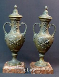 1890 belle paire cassolettes garniture de cheminée régule marbre 3.8kg34cm vases