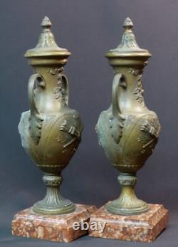 1890 belle paire cassolettes garniture de cheminée régule marbre 3.8kg34cm vases