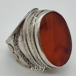 2. Superbe Bague turkmène Ancienne en Argent avec Cornaline / Agate XXè 18,6 g