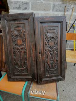 2 panneaux gothique en bois sculpté haute époque chêne, OISEAUX