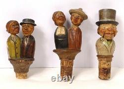 3 bouchons bouteille bois sculpté personnages articulés couple XXè siècle