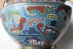 ANCIEN Grand CACHE POT / VASE BRONZE ÉMAUX CLOISONNES CHINE Chinois Turquoise