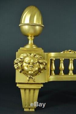 Ancien Chenet Feu Louis XVI Bronze Doré tête de Borée Vent Thrace Grec R. Osmond