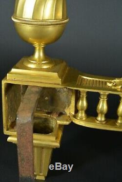 Ancien Chenet Feu Louis XVI Bronze Doré tête de Borée Vent Thrace Grec R. Osmond