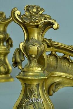 Ancien Chenet Feu Louis XV Rocaille Vase Bronze Doré Antique Fire dogs Germain