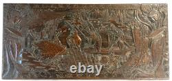 Ancien Coffre Camphrier en bois sculpté ASIE CHINE joute jonque paysage 1900