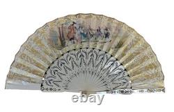 Ancien Éventail Isabelin. Papier Peint, Os Sculpté Et Nacre. Espagne. XIX Siècle