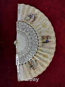 Ancien Éventail Isabelin. Papier Peint, Os Sculpté Et Nacre. Espagne. XIX Siècle