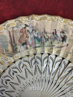 Ancien Éventail Isabelin. Papier Peint, Os Sculpté Et Nacre. Espagne. XIX Siècle