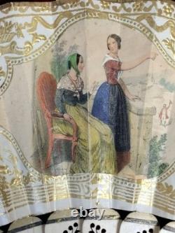 Ancien Éventail Isabelin. Papier Peint, Os Sculpté Et Nacre. Espagne. XIX Siècle