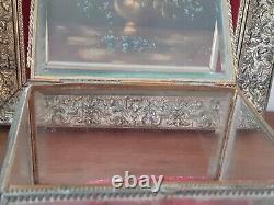 Ancien Grand Coffret De Mariage Laiton Verre Biseaute Napoleon III