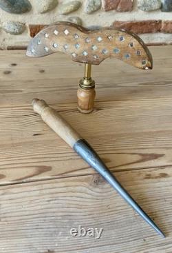 Ancien Grand Miroir aux Alouettes Buis et Laiton Hauteur Totale 55 cm