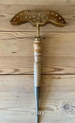 Ancien Grand Miroir aux Alouettes Buis et Laiton Hauteur Totale 55 cm