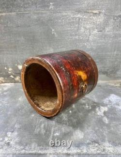 Ancien Sceau / pot de mesure asiatique en bois laqué cerclé métal Asie XIXe