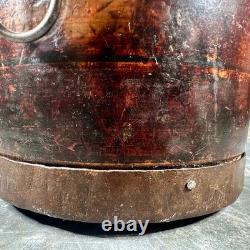 Ancien Sceau / pot de mesure asiatique en bois laqué cerclé métal Asie XIXe