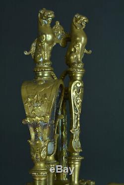 Ancien Serviteur De Cheminée Bronze tête de Lion Dragons Déco Napoleon III