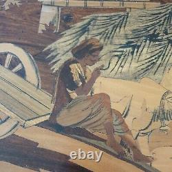 Ancien Tableau en marqueterie de bois village indien plage exotique animaux