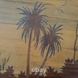 Ancien Tableau en marqueterie de bois village indien plage exotique animaux