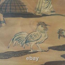 Ancien Tableau en marqueterie de bois village indien plage exotique animaux