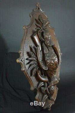 Ancien Trophée de Chasse en bois sculpté Gibier Bécasse Perdrix Fusil 19 ème