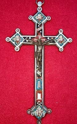 Ancien crucifix micromosaïque Rome Début XXe Métal argenté Christ en bronze