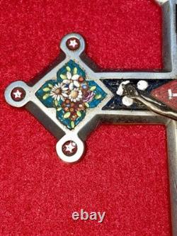 Ancien crucifix micromosaïque Rome Début XXe Métal argenté Christ en bronze