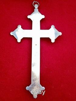 Ancien crucifix micromosaïque Rome Début XXe Métal argenté Christ en bronze