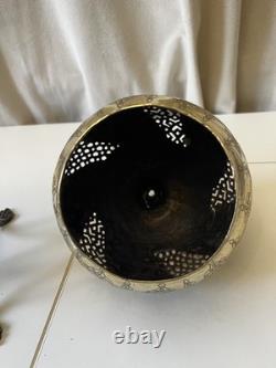 Ancien grand brûle-encens ottoman oriental laiton gravé calligraphie isllamique