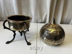 Ancien grand brûle-encens ottoman oriental laiton gravé calligraphie isllamique