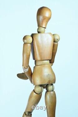 Ancien grand mannequin de peintre atelier 1950 bois patiné 89 cm articulé