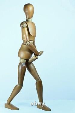 Ancien grand mannequin de peintre atelier 1950 bois patiné 89 cm articulé